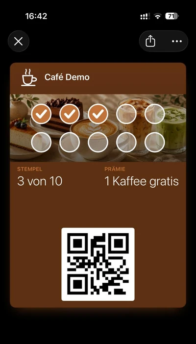 Demo stamp card in Apple Wallet on an iPhone, three of ten stamps collected